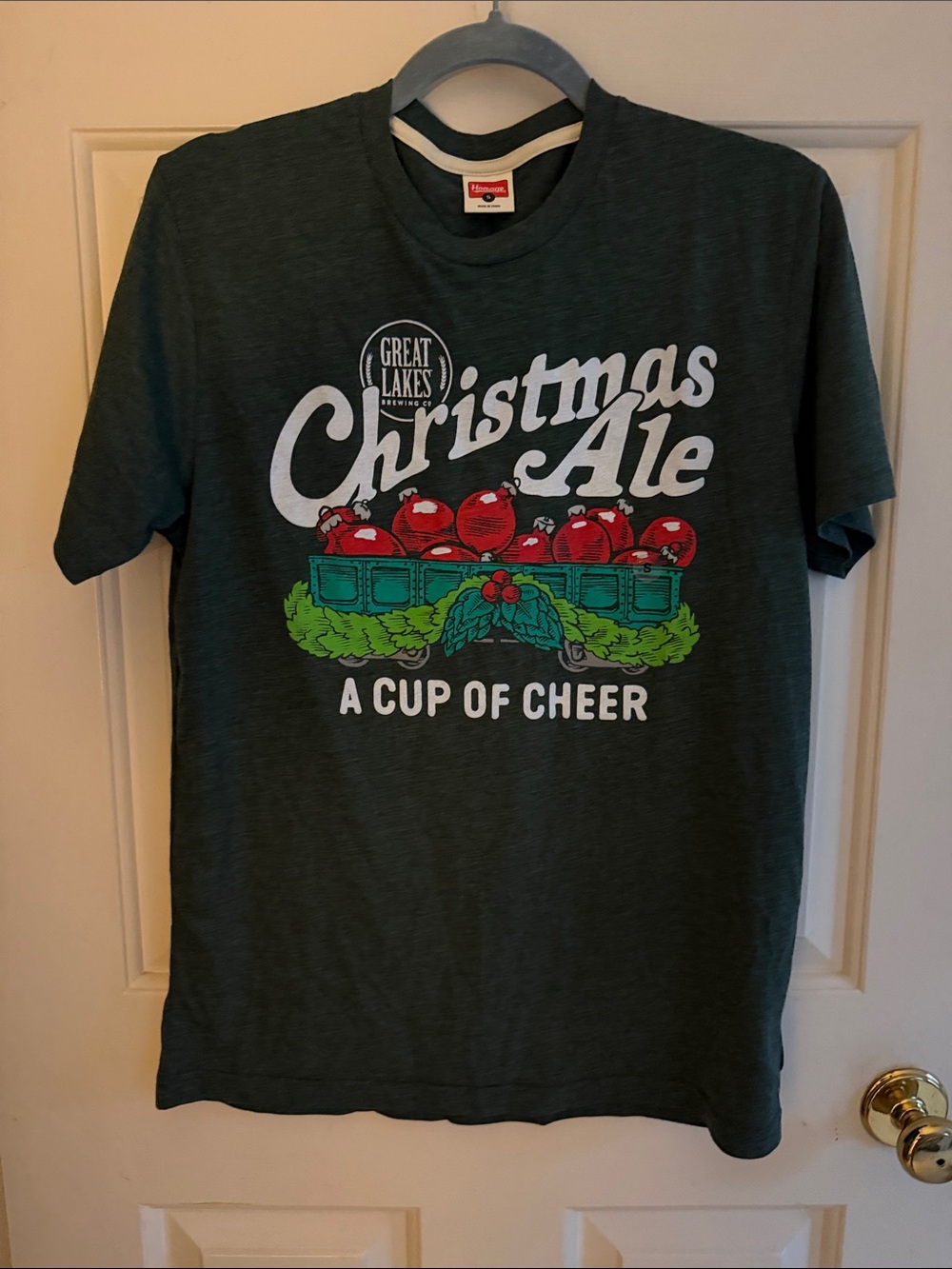 HOMAGE Dark Green Christmas Ale Graphic Tee with Red and Green Print